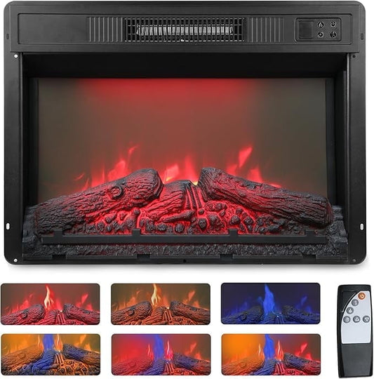 Heynemo 23 Inch Electric Fireplace Insert for TV Stand, Recessed Mounted Fireplace Heater with 3D Multicolor Flames and Timer, 1400W Free Standing Heater with Remote Control, Low Noise, Black