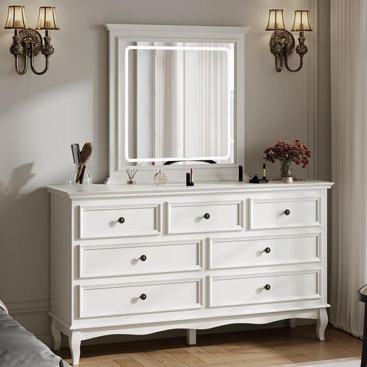 Superjoe 7 Drawer Dresser for Bedroom, Large Chest of Drawers with Metal Handles, Wide Modern Wood Dresser with LED Mirror for Bedroom, Living Room, White 7 drawer dresser