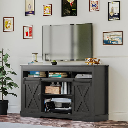 Heynemo Farmhouse TV Stand with Sliding Barn Door for TVs up to 65+ Inch, 34" Tall Entertainment Center, Wood Media Console Storage Cabinet for Bedroom, Living Room, Black