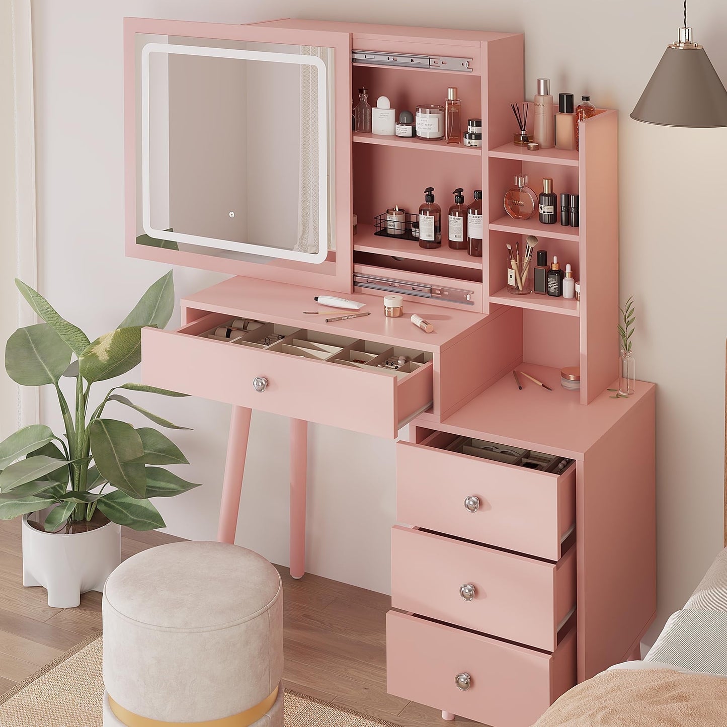 Superjoe Vanity Desk with Sliding Mirror and LED Lights, 2 in 1 Wooden Makeup Vanity Desk for Nightstand and Dressing Table, Compact Medium Makeup Table with Sliding Mirror for More Storage Space