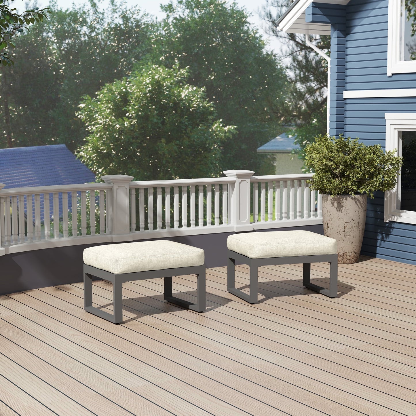 RoyalCraft 2 Pieces Aluminum Outdoor Patio Ottoman Set, Outdoor Foot Stools with Thick Cushion, Small Seat Furniture for Porch Balcony Backyard, Beige