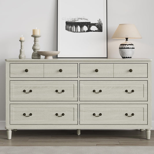 May Color Large 6 Drawer Dresser for Bedroom, 58" Long Chest of Drawers, Wooden Dresser for Closet, Wood Drawer Organizer for Living Room, Hallway, Light Grey