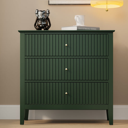 Mayincolor Large Fluted 3 Drawer Dresser, Wide Chest of Drawers with Modern Nightstand Cabinet Wood Dresser with Spacious Storage for Bedroom, Hallway, Living Room, Entryway, Green