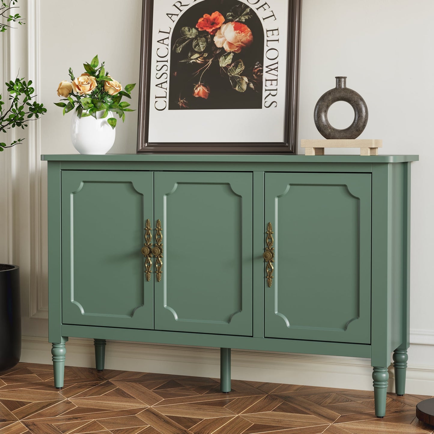 May in Color Storage Cabinet with 3 Doors, Mid-Century Sideboard Cabinet with Adjustable Shelves, Wood Buffet Cabinet with Turned Legs, Accent Cabinet for Entryway, Living Room, Dining Room, Green