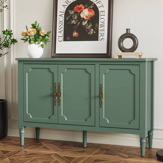 May in Color Storage Cabinet with 3 Doors, Mid-Century Sideboard Cabinet with Adjustable Shelves, Wood Buffet Cabinet with Turned Legs, Accent Cabinet for Entryway, Living Room, Dining Room, Green