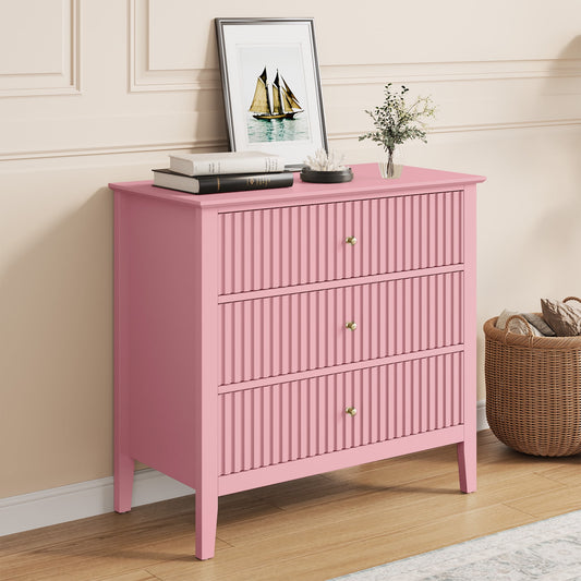 May in Color Pink Fluted Nightstand with 3 Drawers, Modern Bedroom End Table, Wood Bedside Table