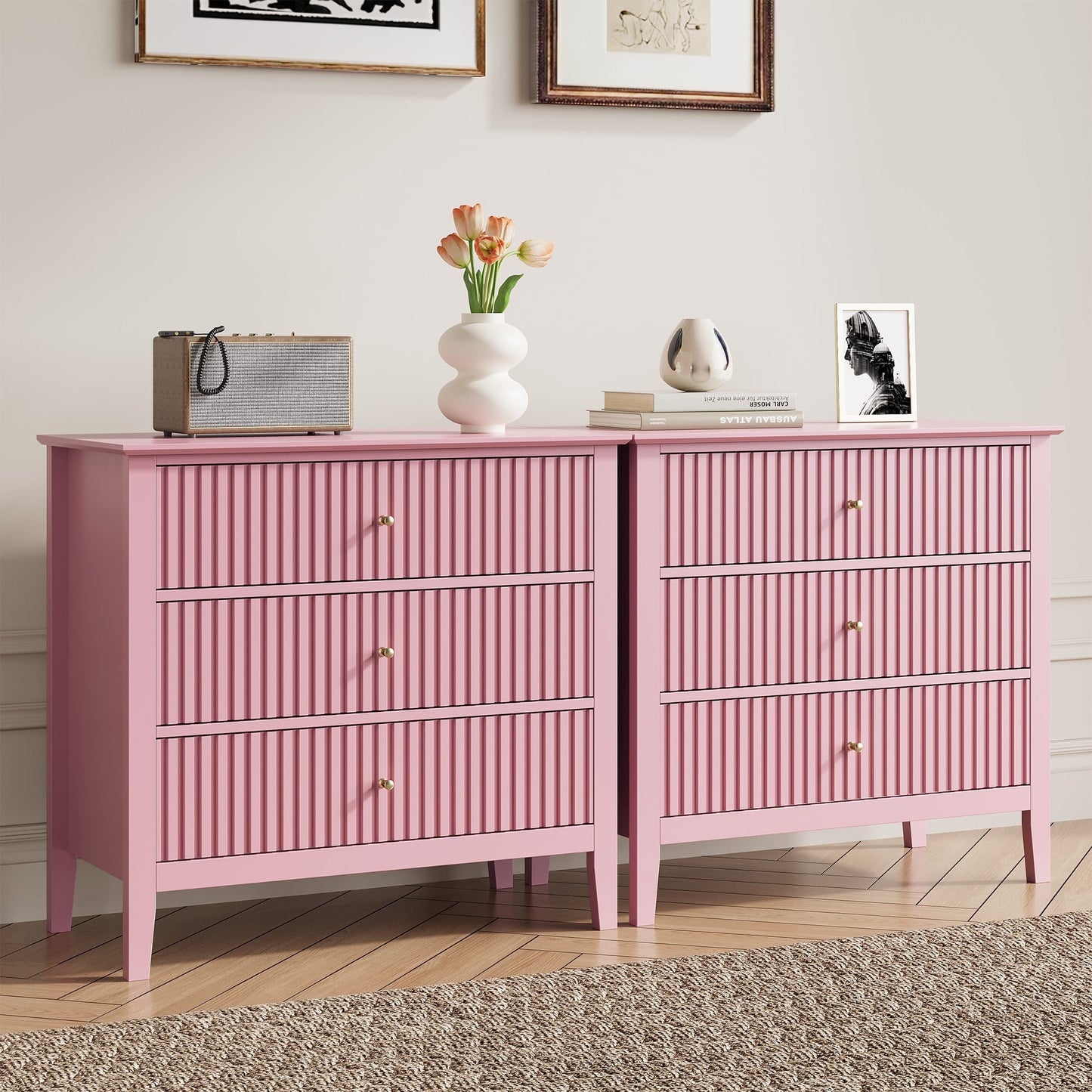 Mayincolor Fluted 32ch Wide Nightstand for Bedroom, Large Pink Nightstand with 3 Drawer, Modern End Table, Wood Beside Table for Home and Office