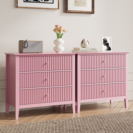 Mayincolor Fluted 32ch Wide Nightstand for Bedroom, Large Pink Nightstand with 3 Drawer, Modern End Table, Wood Beside Table for Home and Office