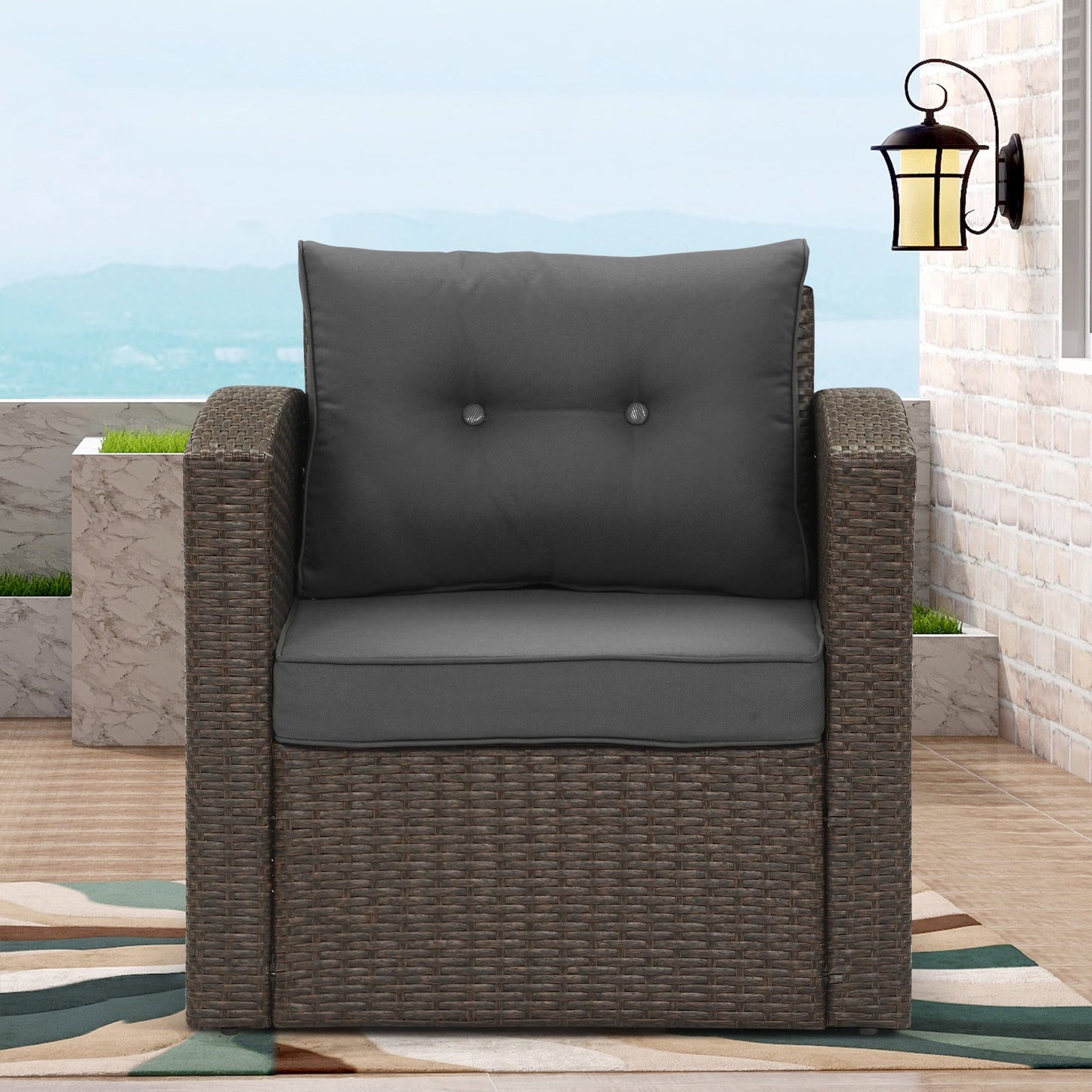 Royalcaft 2 Piece Outdoor Patio Wicker Armchairs, All Weather Outside Rattan Chair Patio Furniture Set with Blue Cushions
