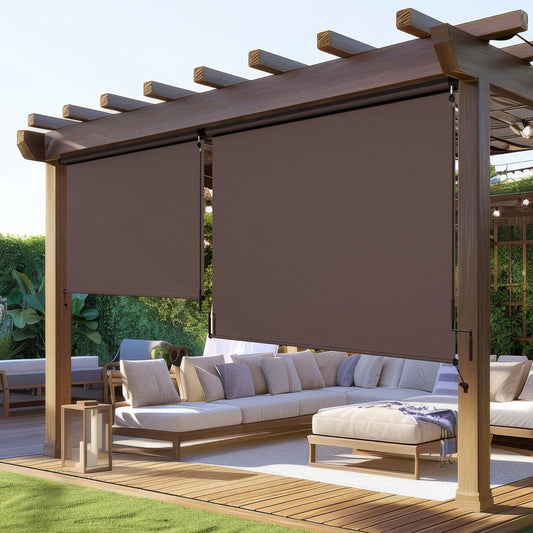 Outdoor Roller Shades for Patio New Material with 95% UV Protection, Cordless Patio Shades Roll Up Outdoor Blinds with Crank Handle for Shading, Protect Privacy, No Valance, (6' W X 8' L), Brown