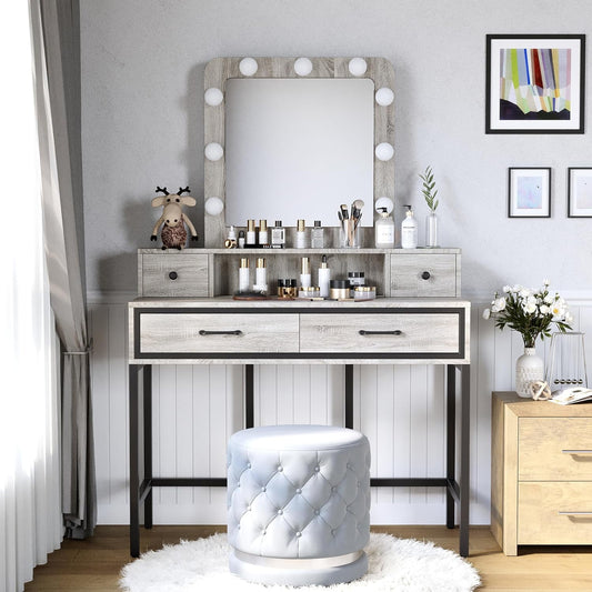 RoyalCraf Vanity Desk with Big Mirror and 3 Color Lights for Makeup, Grey Vanity Table with Hollywood Mirror, 9 LED Lights ＆ 4 Drawers, P2 Certified Wood ＆ Upgrade Thicker Base Plate, 40''W