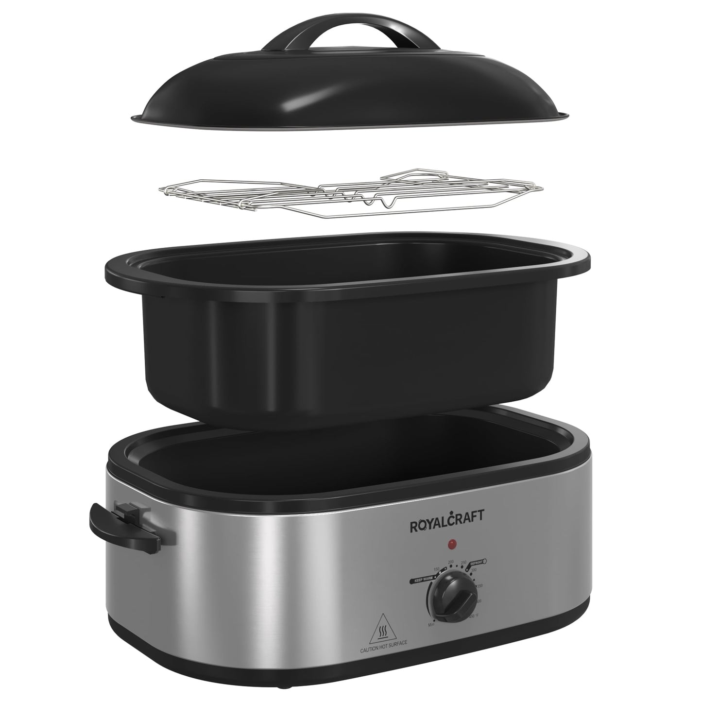 RoyalCraft 26 Quart Electric Turkey Roaster Oven with Visible Glass Lid, with Removable Pan & Rack, Stainless Steel, White