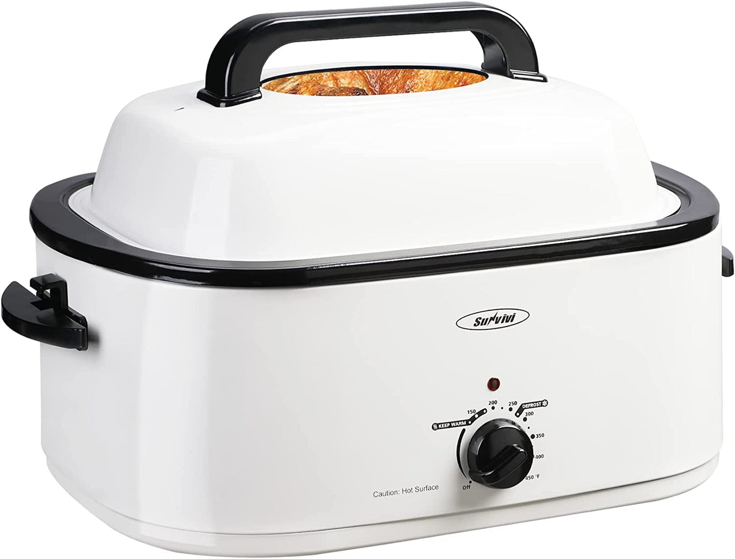 RoyalCraft 26 Quart Electric Turkey Roaster Oven with Visible Glass Lid, with Removable Pan & Rack, Stainless Steel, White