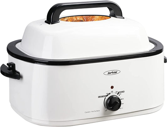 RoyalCraft 26 Quart Electric Turkey Roaster Oven with Visible Glass Lid, with Removable Pan & Rack, Stainless Steel, White