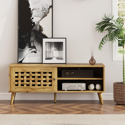RoyalCraft 47'' Vintage TV Stand with Angled Legs, Wood TV Console with Basket Weave Wooden Door, Media Entertainment Center Table with Storage, Accent Console Table for Living Room, Bedroom