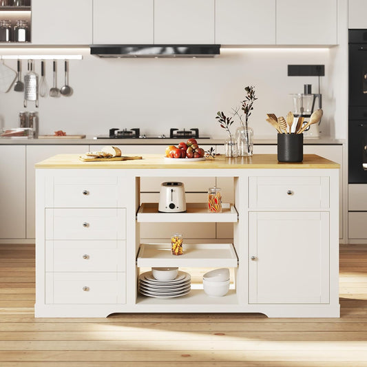 RoyalCraft 59" Large Kitchen Island with Power Outlet, Farmhouse Thick Table Top Drawer, Organized Storage Space with Rubber Wood Drop-Leaf Countertop, White & Oak