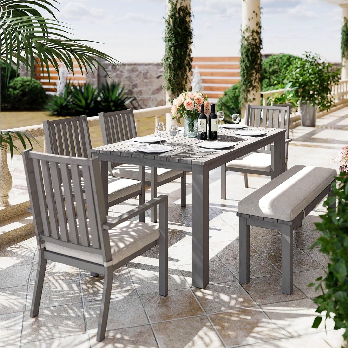 RoyalCraft 6 Pieces Patio Dining Sets, Aluminum Outdoor Dining Table with 4 Chairs and Bench, Outdoor Patio Dining Furniture Set with Removable Cushion for Lawn, Garden, Backyard, Brown