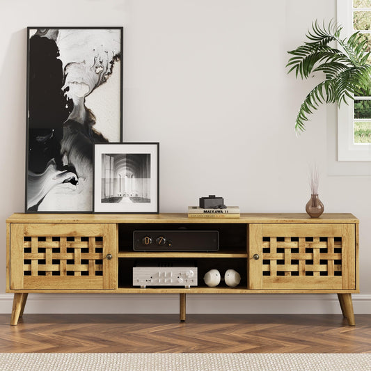 RoyalCraft 63'' Vintage TV Stand with Angled Legs, Wood TV Console with Basket Weave Wooden Door, Media Entertainment Center Table with Storage, Accent Console Table for Living Room, Bedroom