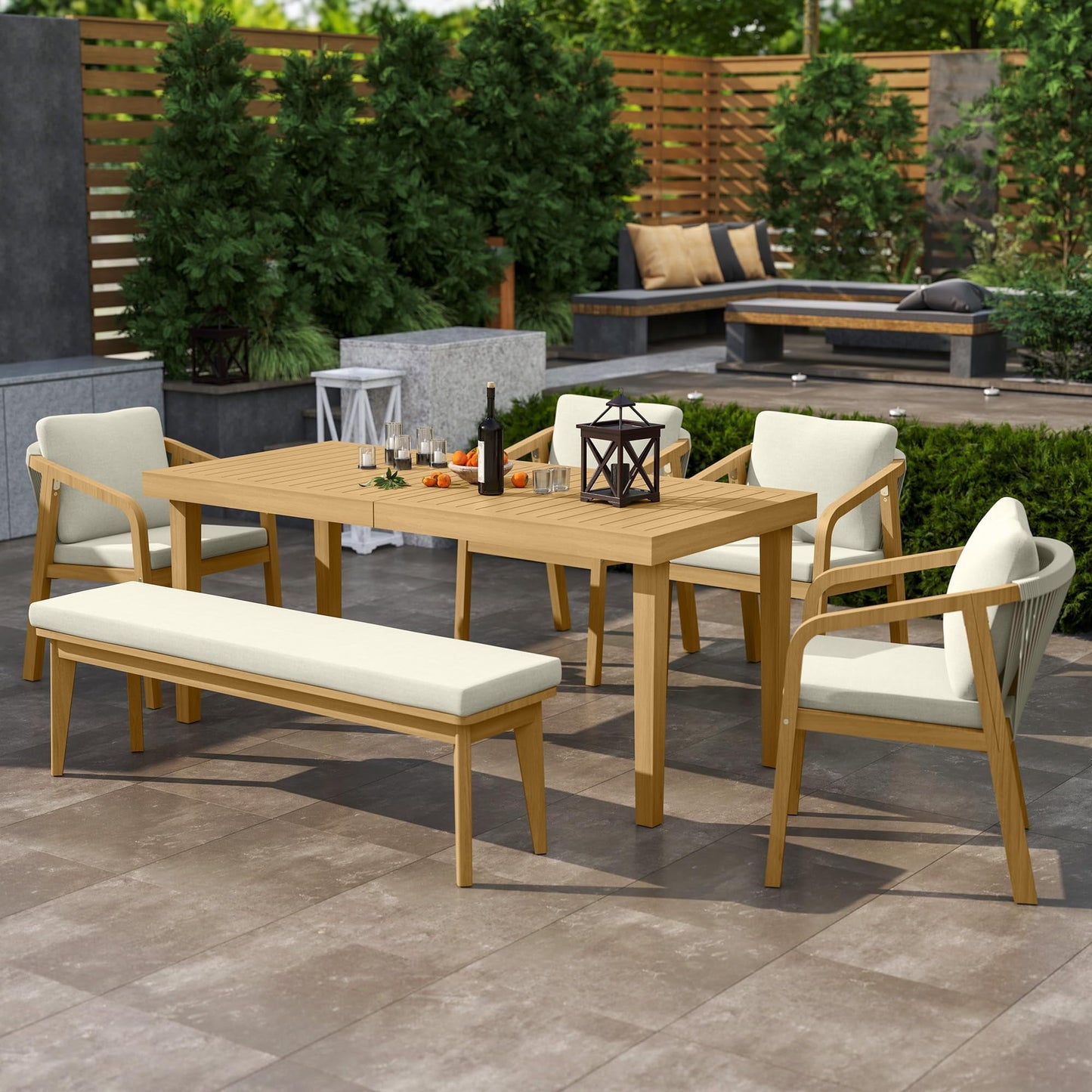RoyalCraft Acacia 6 Pieces Patio Dining Set with Dining Table, Chairs, and Bench, All-Weather Wood Chairs with Cushions, Modern Outdoor Dining Furniture Set for Lawn, Backyard, Garden, Deck, Beige