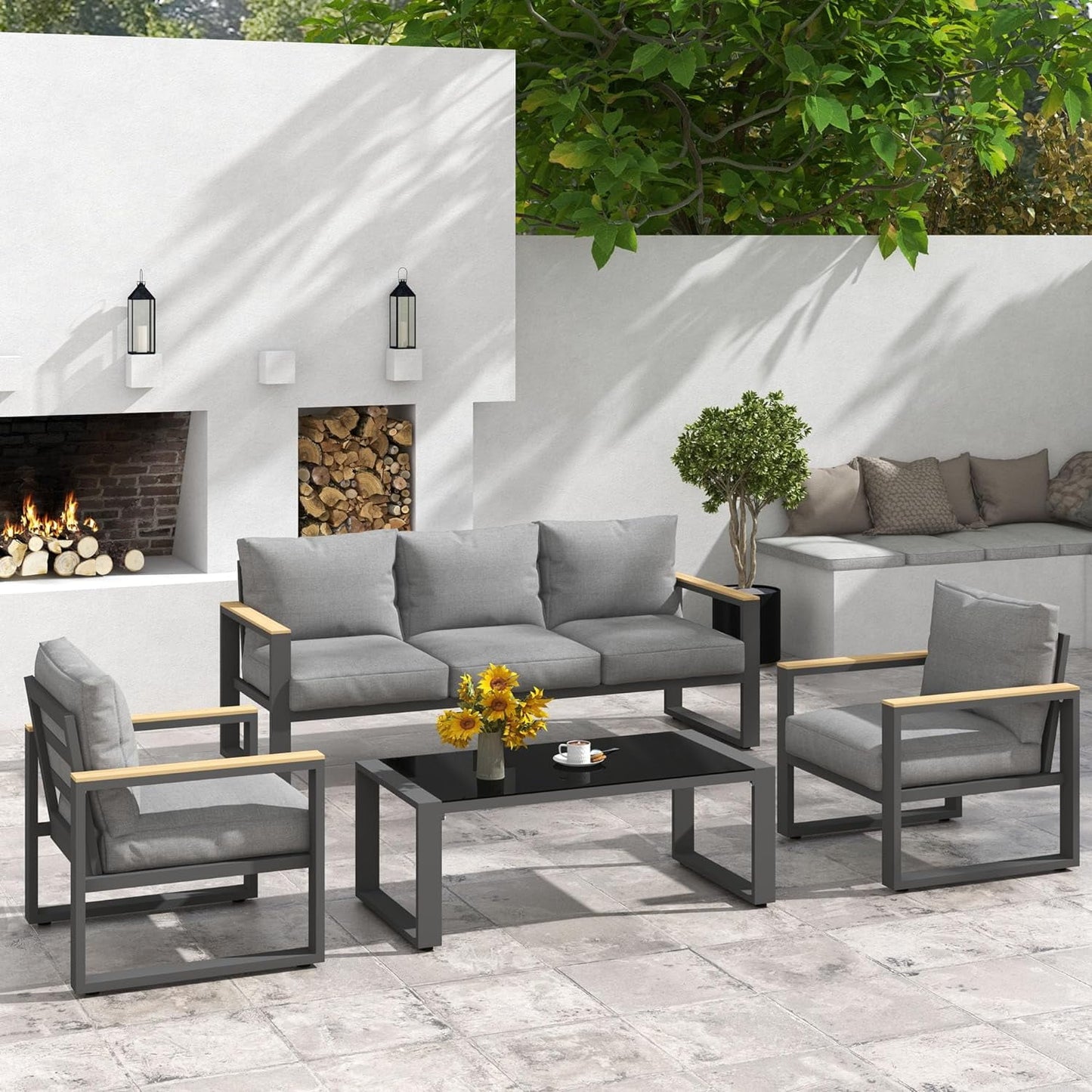 Royalcraft Aluminum Outdoor Coffee Table, All-Weather Metal Rectangular Patio Side Table with Tempered Glass Top, Patio Tables for Porch Backyard Garden, Grey