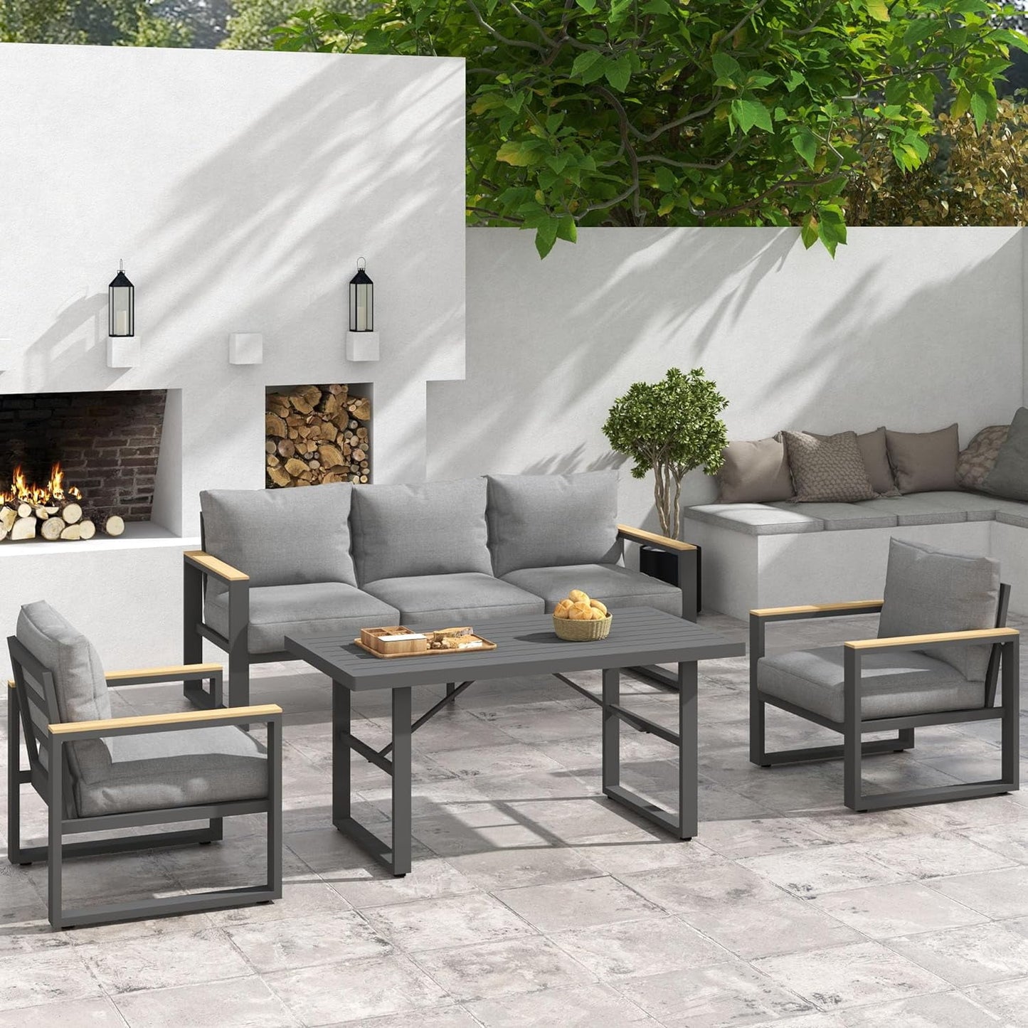 Royalcraft Aluminum Outdoor Coffee Table, All-Weather Metal Rectangular Patio Side Table with Tempered Glass Top, Patio Tables for Porch Backyard Garden, Grey