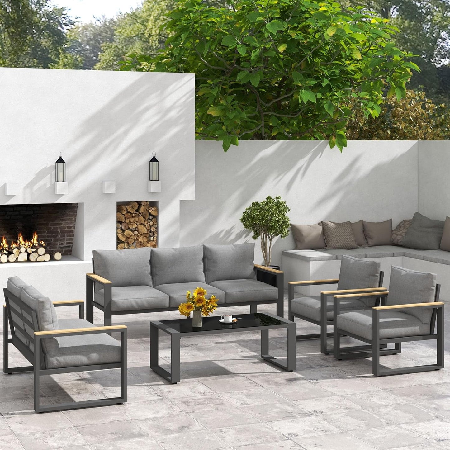 Royalcraft Aluminum Outdoor Coffee Table, All-Weather Metal Rectangular Patio Side Table with Tempered Glass Top, Patio Tables for Porch Backyard Garden, Grey