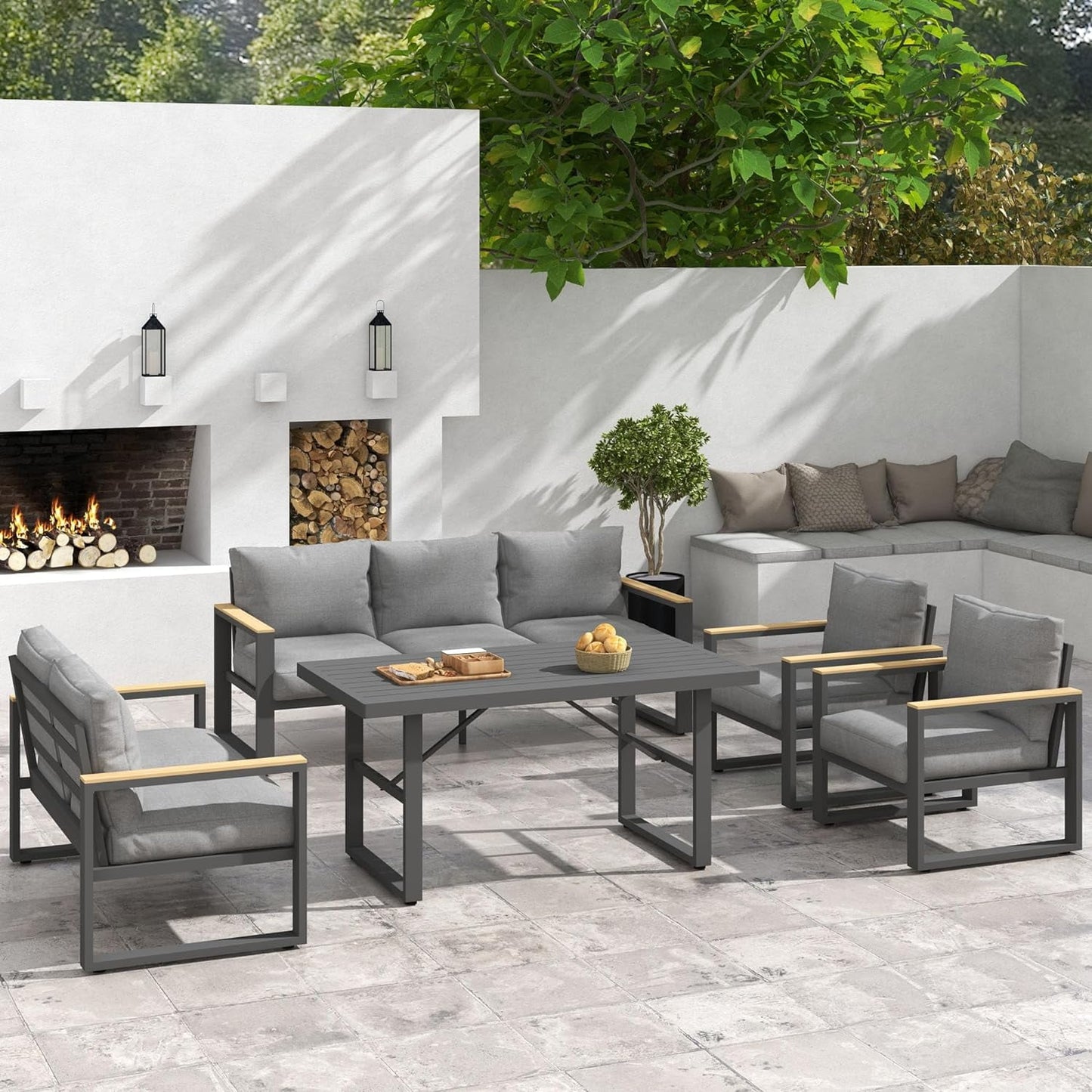 Royalcraft Aluminum Outdoor Coffee Table, All-Weather Metal Rectangular Patio Side Table with Tempered Glass Top, Patio Tables for Porch Backyard Garden, Grey