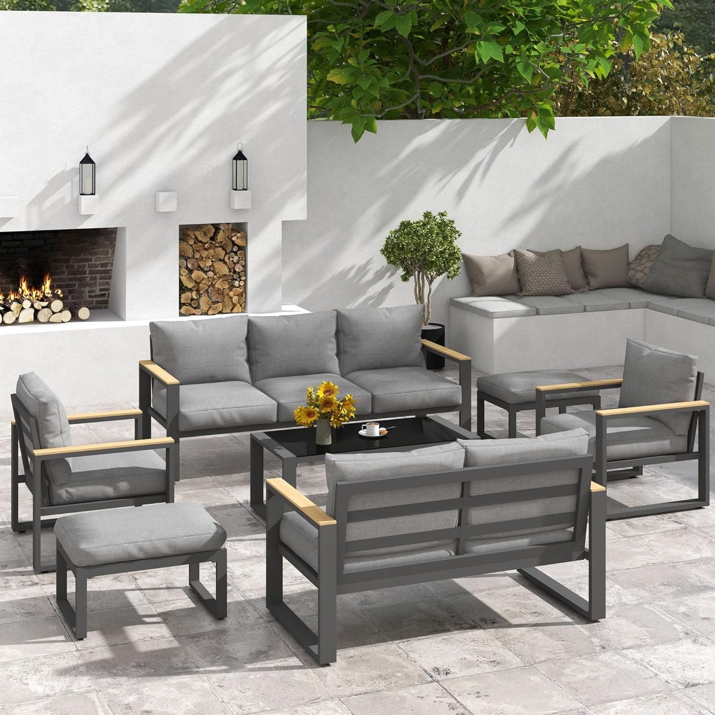 Royalcraft Aluminum Outdoor Coffee Table, All-Weather Metal Rectangular Patio Side Table with Tempered Glass Top, Patio Tables for Porch Backyard Garden, Grey