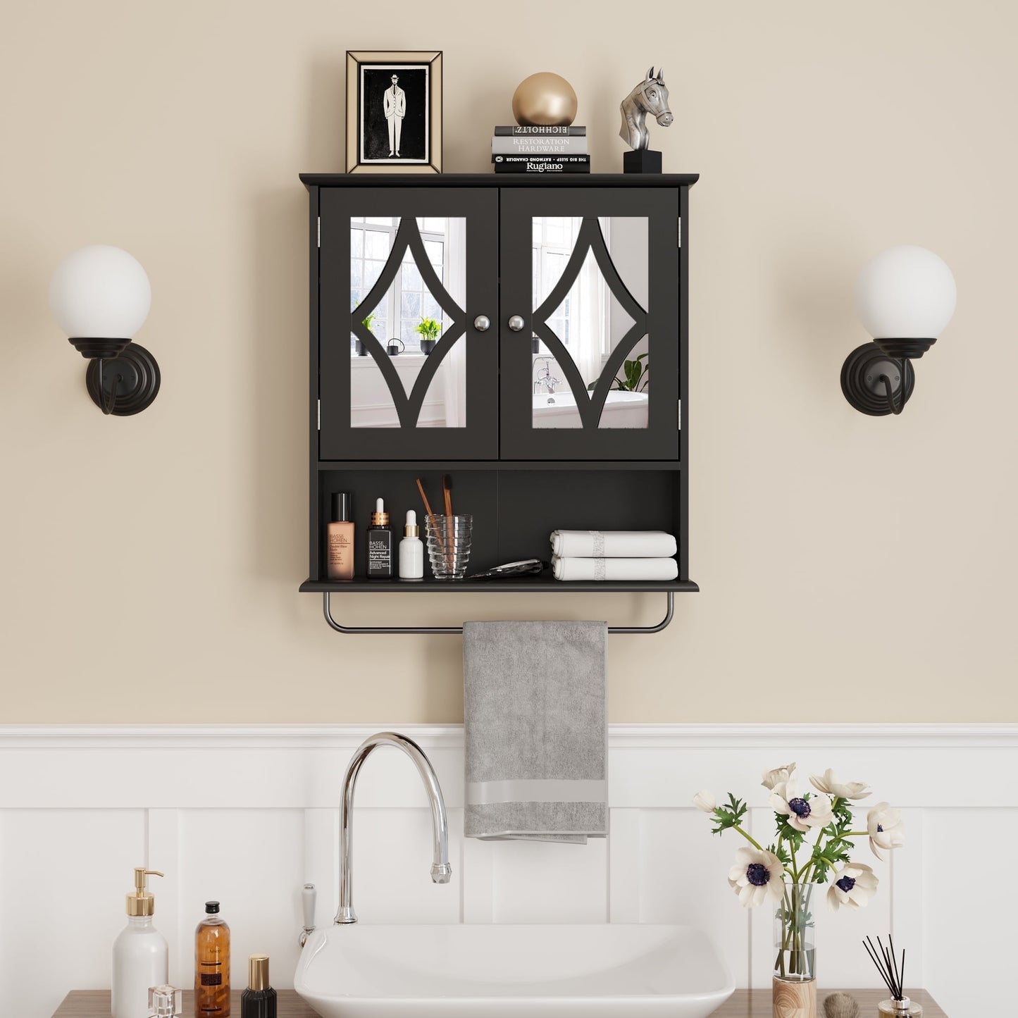 RoyalCraft Bathroom Mirror Cabinet, Wall Mount Medicine Cabinet with Adjustable Shelves, Towel Bar, Black