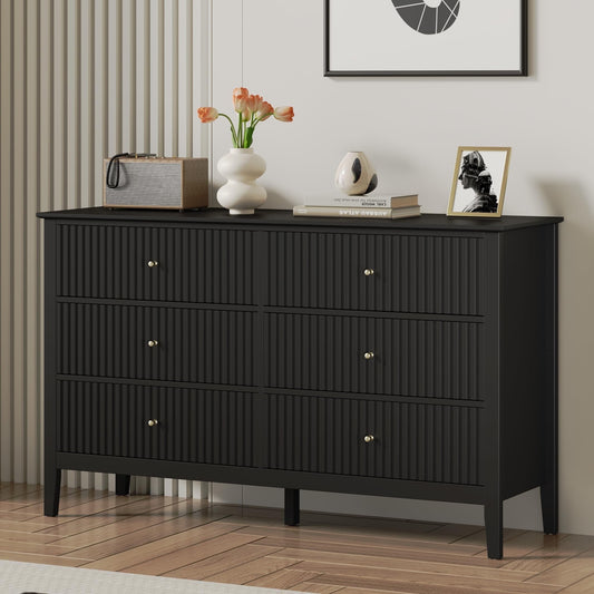 RoyalCraft Black 6 Drawer Dresser, Fluted Modern Wood Dresser, Double Chest of Drawers with Ball Bearing Slide, Long Dresser for Bedroom TV Stand Storage Cabinet for Living Room