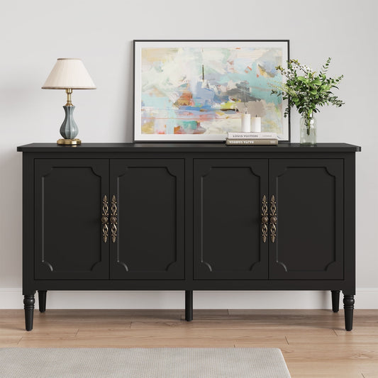 May in Color Sideboard Buffet Cabinet, 58'' Wood Console Cabinet with Storage & 4 Doors, Mid Century Media Cabinet for Entryway, Living Room, Dining Room, Black