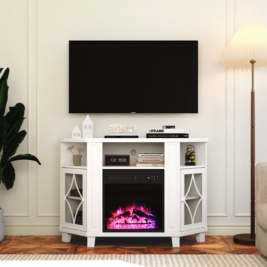 Mayincolor Corner TV Stands with 18'' Fireplace for TVs up to 55'', Media Console Table with Adjustable Shelves, Acrylic Doors with Double-Diamond Design, Entertainment Center for Living Room, White