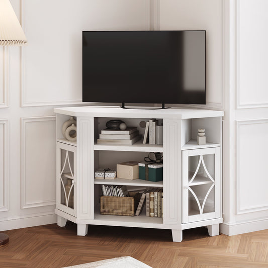 RoyalCraft Corner TV Stands for TVs up to 55'', Media Console Table with Adjustable Shelves, Acrylic Doors with Double-Diamond Design, Wood Modern Entertainment Center for Living Room Bedroom, White