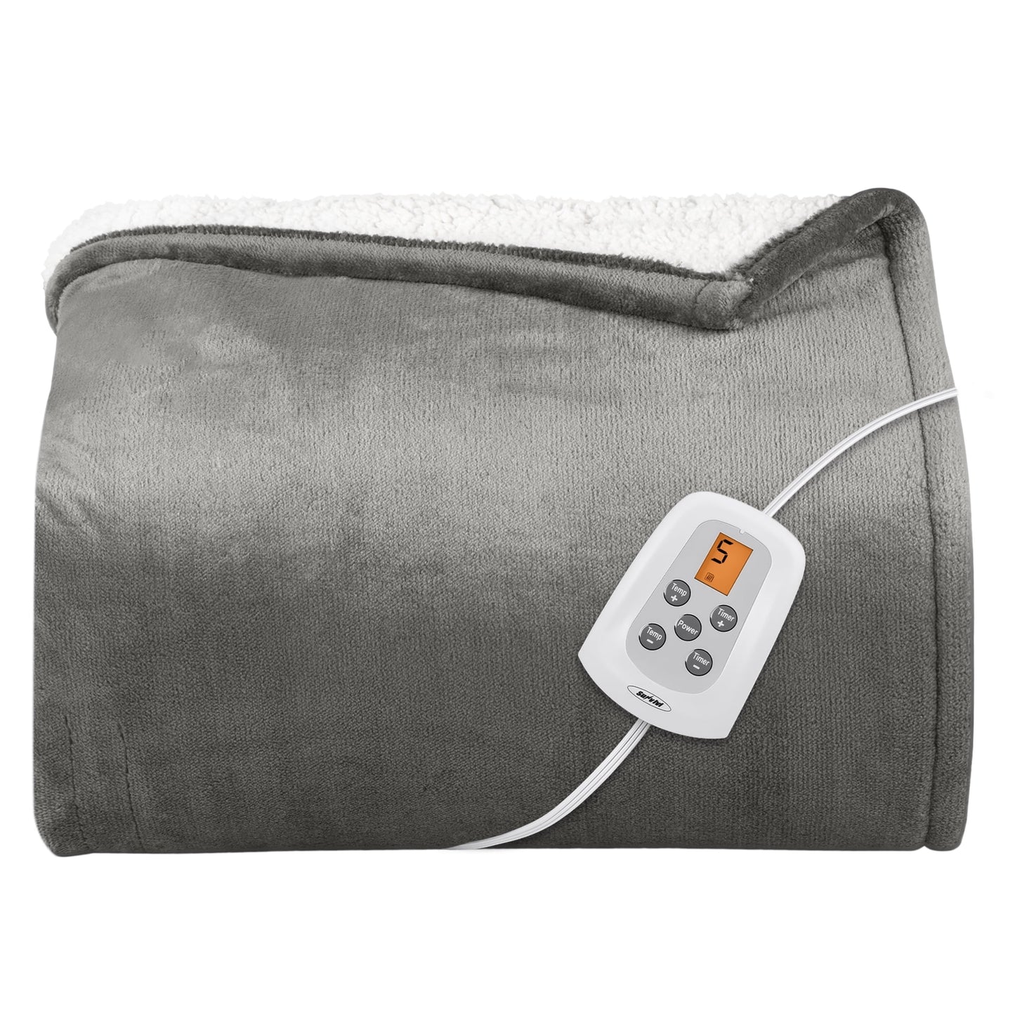 RoyalCraft Electric Heated Blanket, 84" x 62" Twin Size Electric Blanket with 10 Heating Levels and 12 Hours Auto-Off, Soft Flannel and Sherp Blanket with ETL & FCC Certification, Grey