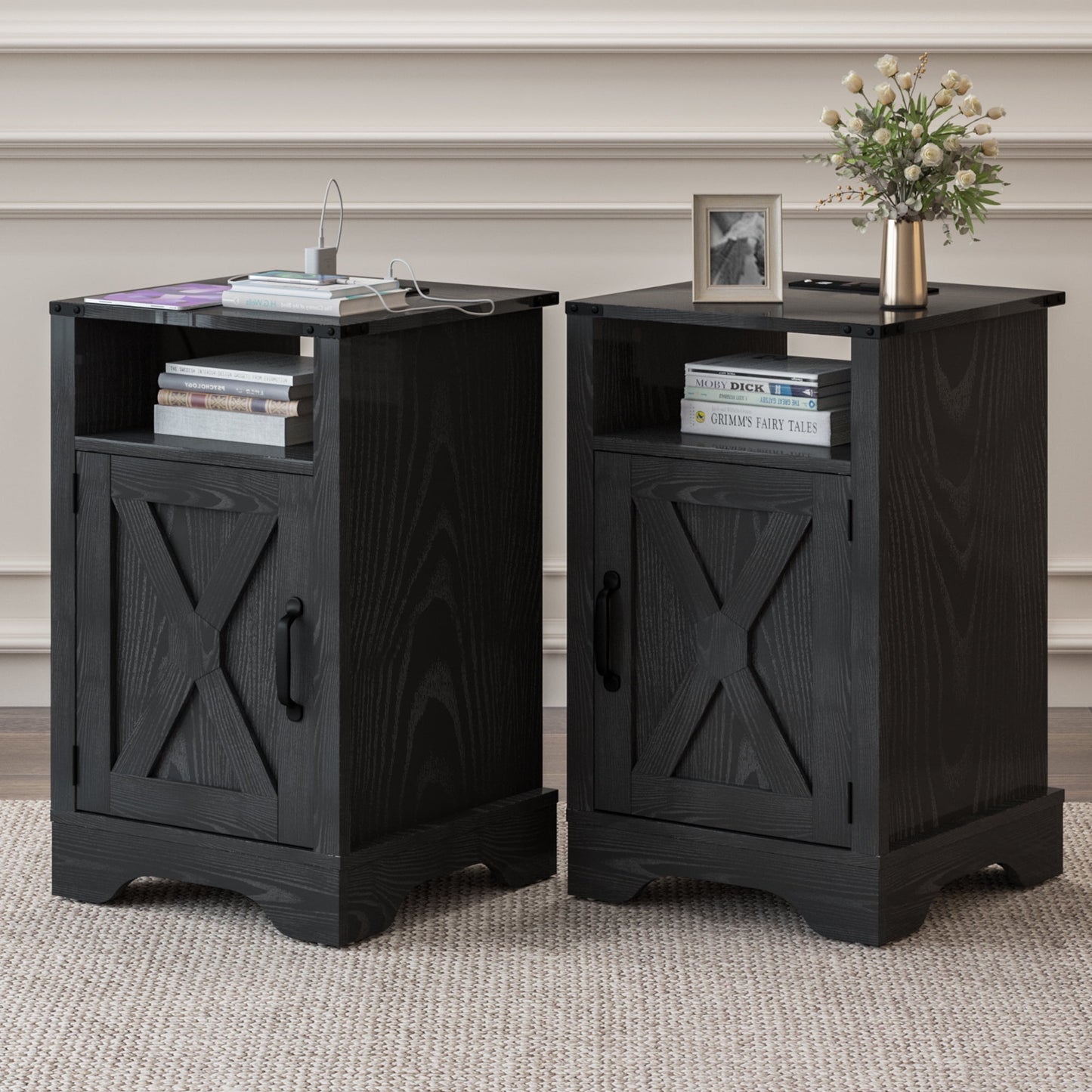 Mayincolor Farmhouse Nightstand Set of 2 with Charging Station, Wooden End Table, Rustic Night Stand with Storage Cabinet and Shelf, Tall Bedside Table for Bedroom, Living Room, Black