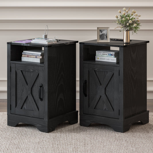 Mayincolor Farmhouse Nightstand Set of 2 with Charging Station, Wooden End Table, Rustic Night Stand with Storage Cabinet and Shelf, Tall Bedside Table for Bedroom, Living Room, Black