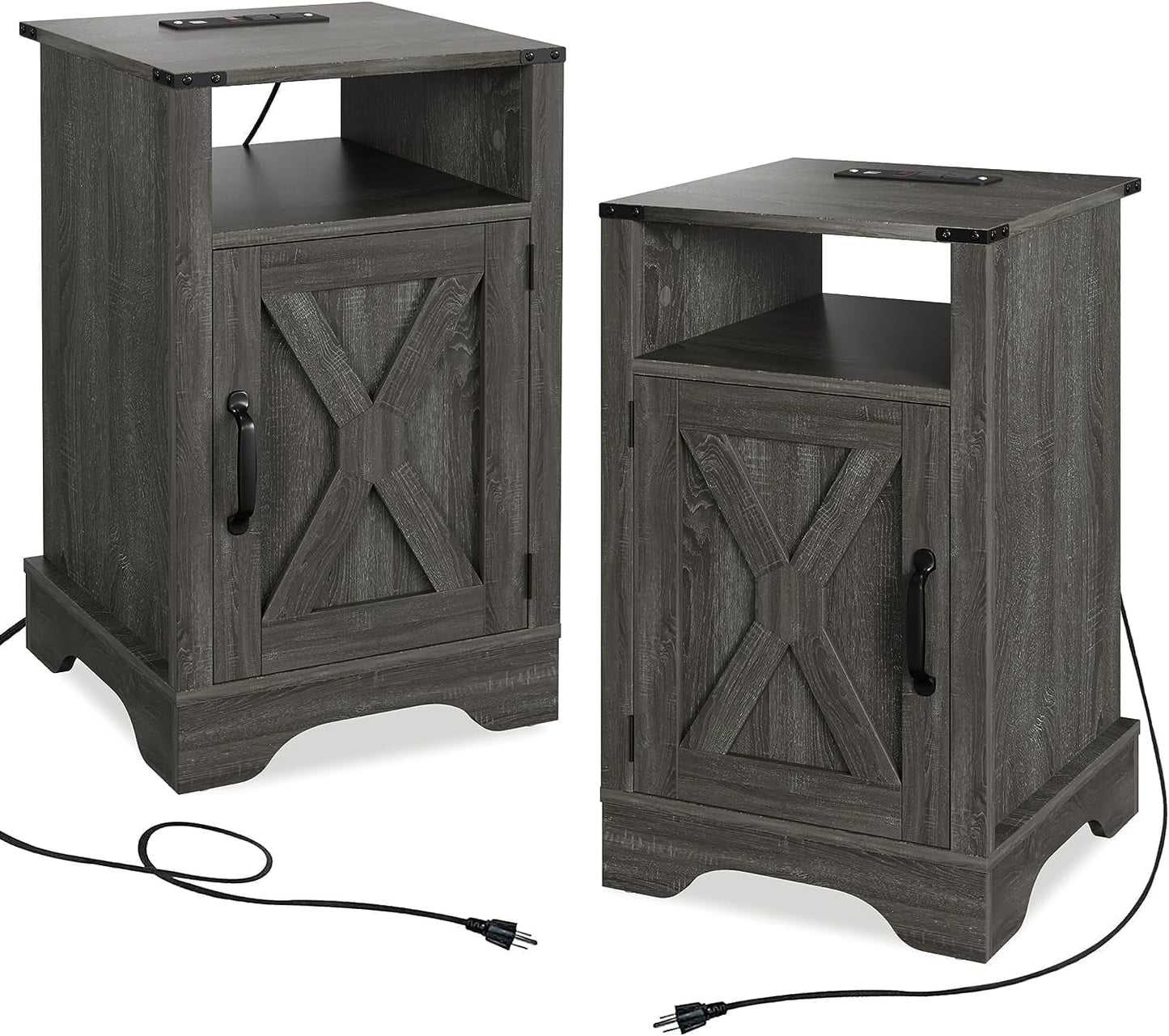 RoyalCraft Farmhouse Nightstand Set of 2 , Tall Bedside Table with Charging Station, Wooden Rustic End Table with Large Storage Cabinets Room and Shelf for Bedroom, Living Room, Dark Grey