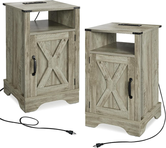 RoyalCraft Farmhouse Nightstand Set of 2, Tall Bedside Table with Charging Station, Wooden Rustic End Table with Large Storage Cabinets Room and Shelf for Bedroom, Living Room,Warm Grey farmhouse nightstand