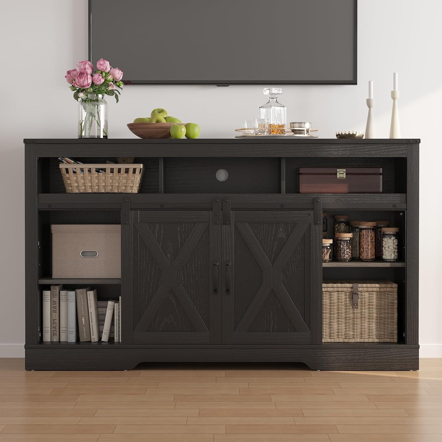 RoyalCraft Farmhouse Fireplace TV Stand for 65+ Inch TV, Entertainment Center with 23" Electric Fireplace with Remote, Modern Rustic TV Console with Sliding Bar Door for Living Room