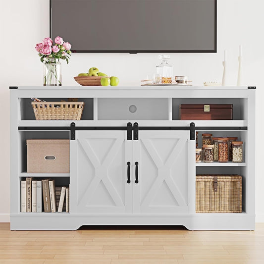 Mayincolor Farmhouse TV Stand for 65''+ Inch TV, 34'' Tall Entertainment Center, Rustic TV Console with Sliding Bar Door for Living Room (White)