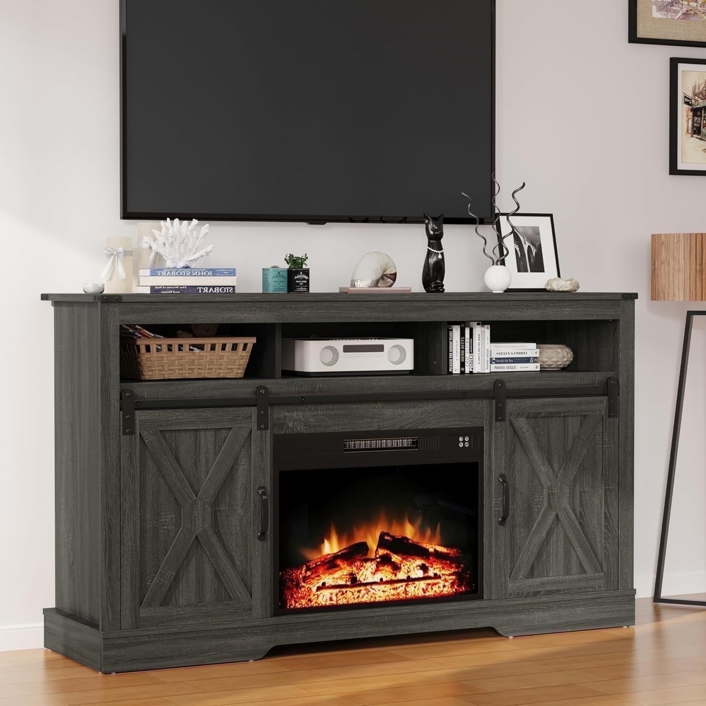 Mayincolor Fireplace TV Stand for 65+ inch, Farmhouse Entertainment Center with 23" Electric Fireplace with Remote, Modern Rustic TV Console Storage Cabinet with Sliding Bar Door , Dark Grey