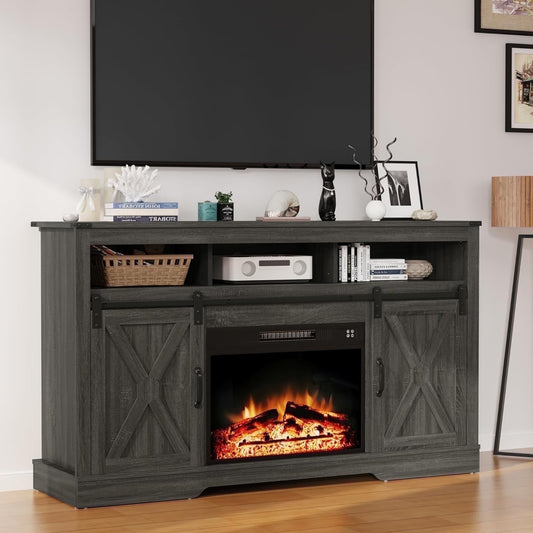 Mayincolor Fireplace TV Stand for 65+ inch, Farmhouse Entertainment Center with 23" Electric Fireplace with Remote, Modern Rustic TV Console Storage Cabinet with Sliding Bar Door , Dark Grey
