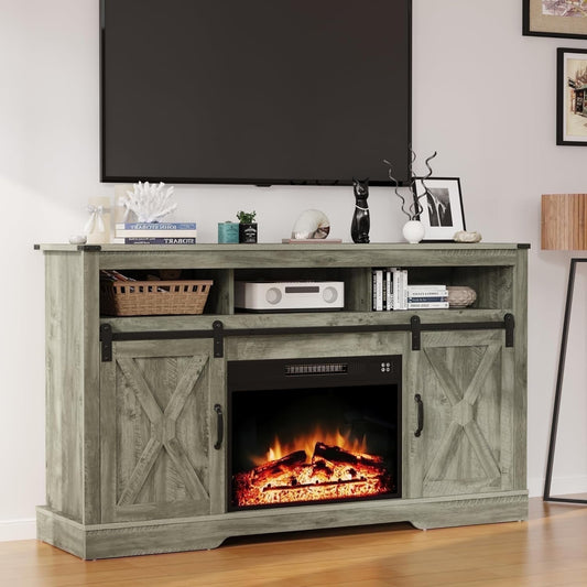 Mayincolor Fireplace TV Stand for 65"+ inch TV, Farmhouse Entertainment Center with 23" Electric Fireplace with Remote, Modern Rustic TV Console Storage Cabinet with Sliding Bar Door , Light Grey