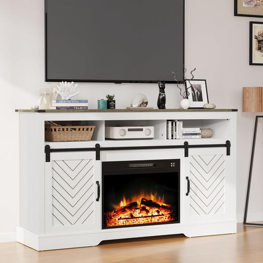 RoyalCraft Fireplace TV Stand for 65+ inch TV, Farmhouse Entertainment Center with 23" Electric Fireplace with Remote, Modern Rustic TV Console with Sliding Bar Door for Living Room, Antique White