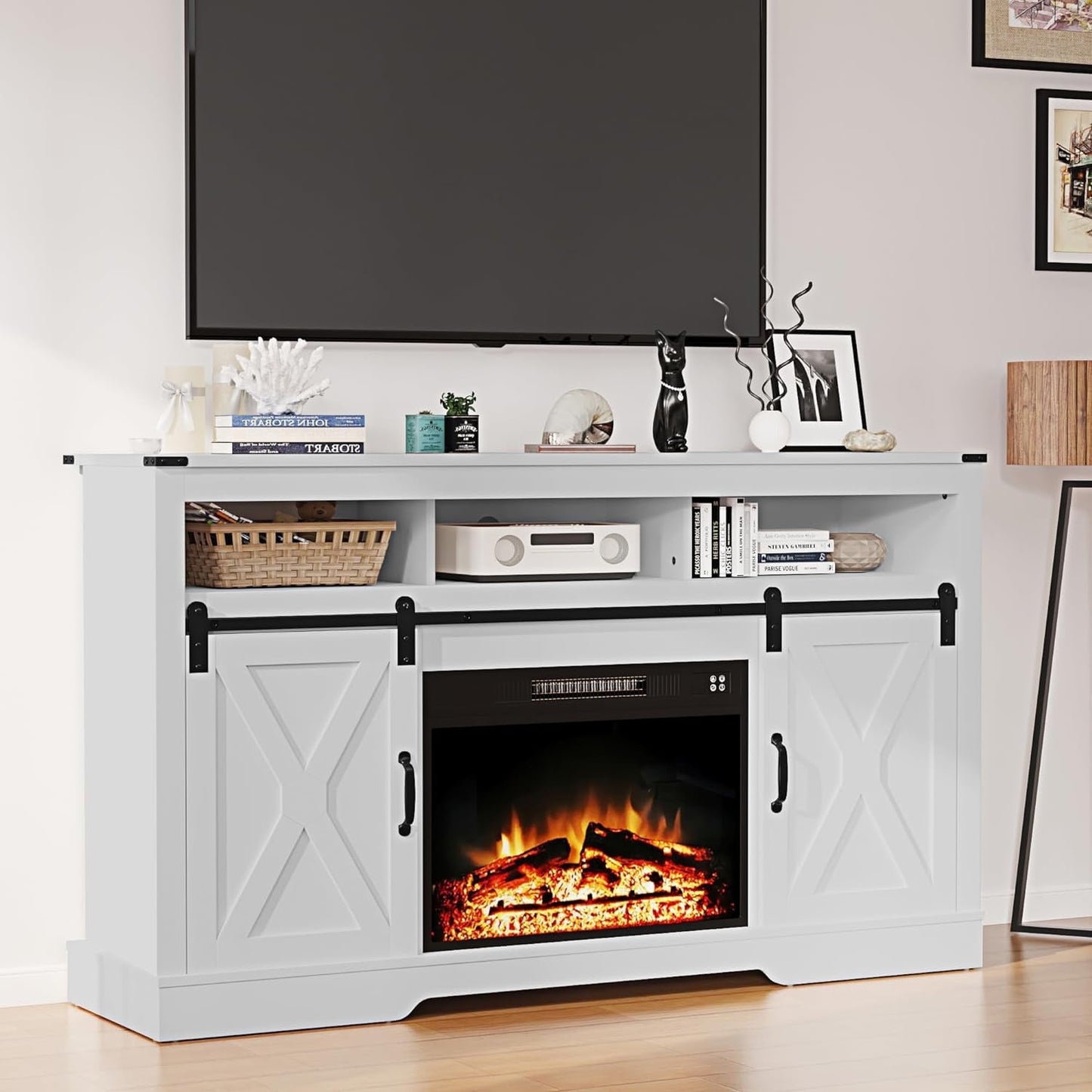 RoyalCraft Fireplace TV Stand for 65+, Farmhouse Entertainment Center with 23" Electric Fireplace with Remote, Modern Rustic TV Console Storage Cabinet with Sliding Bar Door , White fireplace tv stand