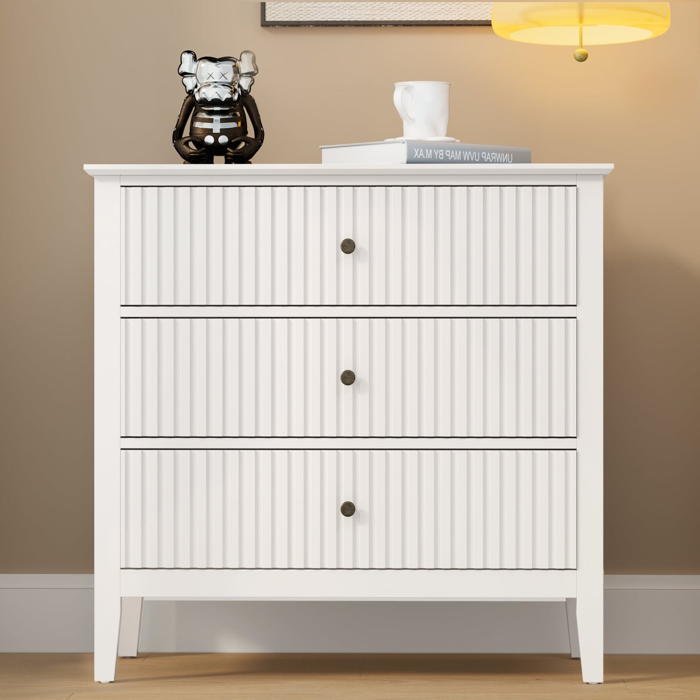 RoyalCraft Fluted 3 Drawer Dresser, Wide Chest of Drawers with Ball Bearing Slide Modern Nightstand Cabinet Wood Dresser with Spacious Storage for Bedroom, Hallway, Living Room, Entryway
