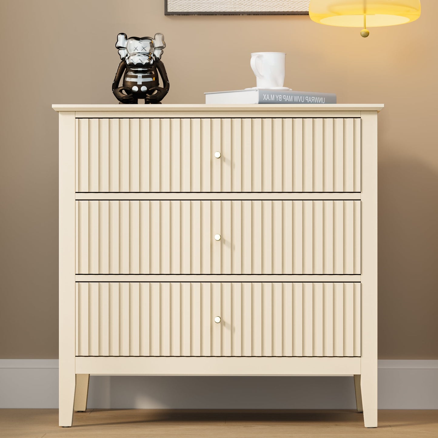 RoyalCraft Fluted 3 Drawer Dresser, Wide Chest of Drawers with Ball Bearing Slide Modern Nightstand Cabinet Wood Dresser with Spacious Storage for Bedroom, Hallway, Living Room, Entryway