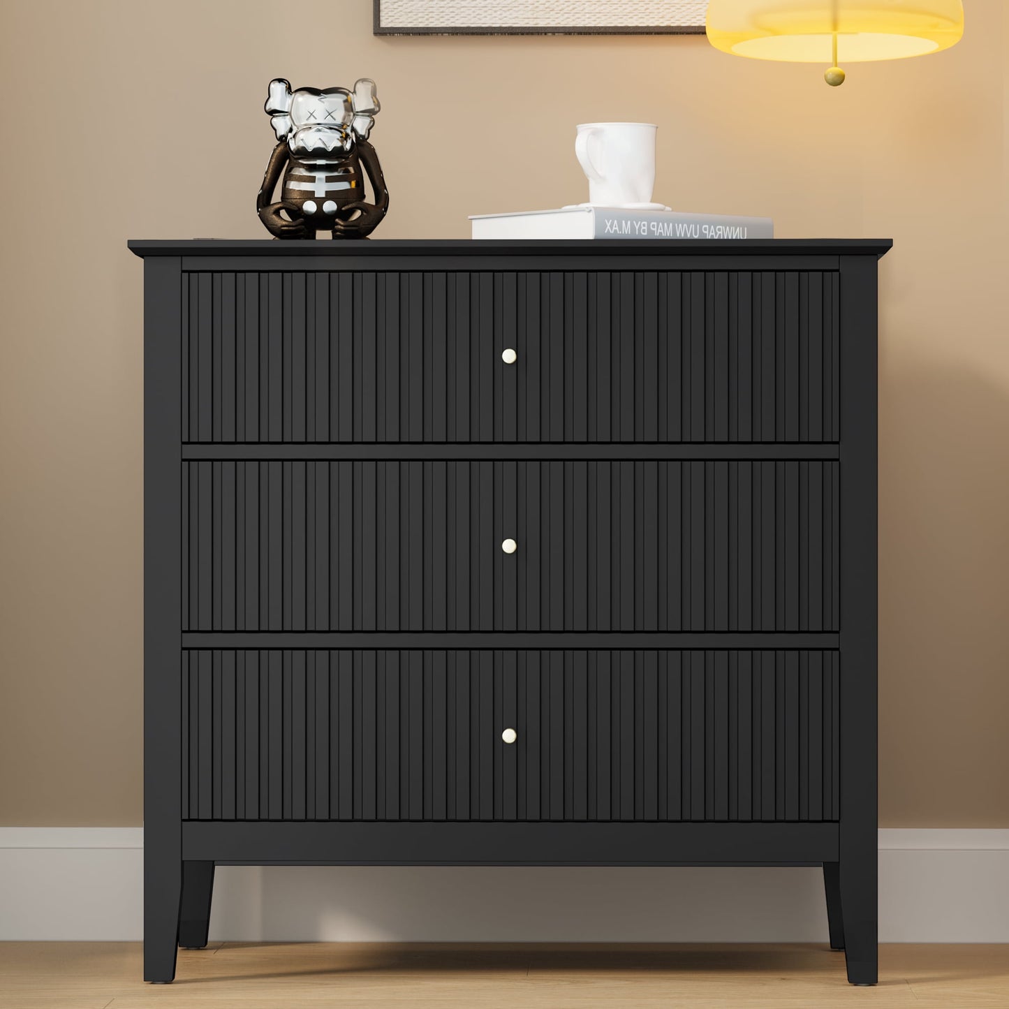 RoyalCraft Fluted 3 Drawer Dresser, Wide Chest of Drawers with Ball Bearing Slide Modern Nightstand Cabinet Wood Dresser with Spacious Storage for Bedroom, Hallway, Living Room, Entryway