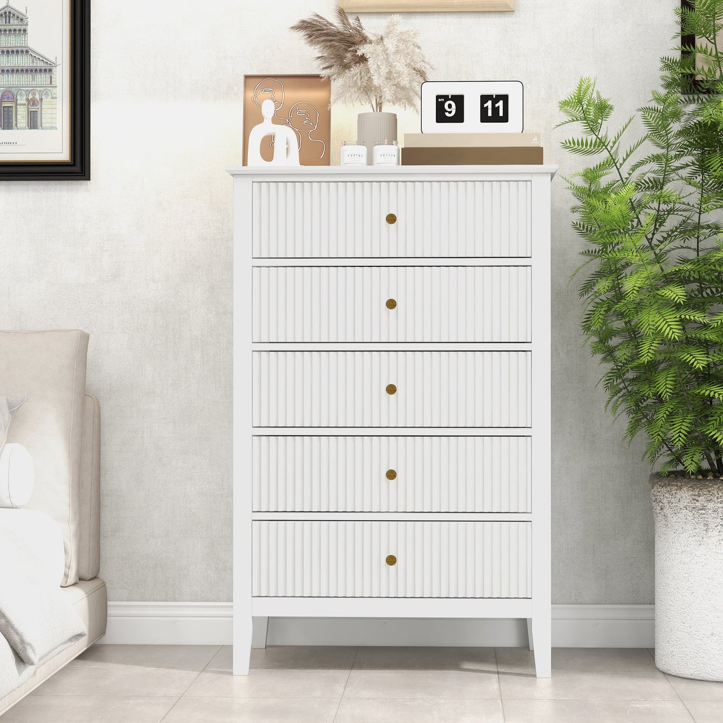 RoyalCraft Fluted 5 Drawers Dresser Set for Bedroom, Tall Chest of Drawer with Silent Slide Drawers, Modern Wood Storage Cabinet Organizer for Living Room, Nursery, Hallway, Entryway, White
