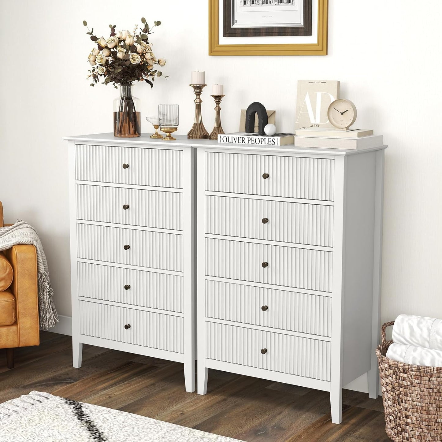RoyalCraft Fluted 5 Drawers Dresser Set for Bedroom, Tall Chest of Drawer with Silent Slide Drawers, Modern Wood Storage Cabinet Organizer for Living Room, Nursery, Hallway, Entryway, White